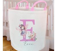 Personalised Bespoke Pink Fairy Felt Toy Basket Custom Name Laundry Bin Organiser Bag Handles Storage Flower Garden Initial Unit Tube Tub Print Room Personalized Name Keepsake Gift Item Cylinder Box