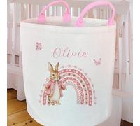 Personalised Bespoke Pink Rabbit Felt Toy Basket Custom Name Laundry Bin Organiser Bag with Handles Storage Rainbow Unit Tube Tub Print Room Personalized Name Keepsake Gift Item Cylinder Box