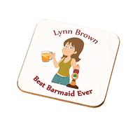 Personalised Best Barmaid Ever Coaster Gift Daughter Wife Friend Barmaid Present (Brown Hair White Skin)