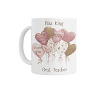 Personalised Best Teacher Thank You Mug, White Ceramic, Pink & Gold Hearts Balloon Design