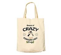 Personalised Beware Of Crazy Penguin Lady themed funny Tote Bag-Cotton Shopping Bag. (Tote Bag Beige)