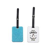 Personalised Beware of Crazy Penguin Lady Themed Glitter Rectangle Travel Luggage Tag. (Travel Tag Blue)