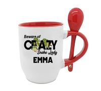 Personalised Beware of Crazy Snake Lady Themed 11 oz Ceramic Mug,with Spoon Mothers Day,Fathers Day,Christmas,Birthday Gift Idea (11 oz Mug with Spoon - Red)