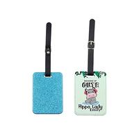 Personalised Beware of Cute Hippo Lady Themed Glitter Rectangle Travel Luggage Tag (Blue)