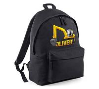 Personalised Big Yellow Digger Backpack, Boys Back to School Bag, Custom Gifts for Kids Who Loves Diggers, Primary and Nursery Child Back Pack, Boys and Girls, One Size, Black