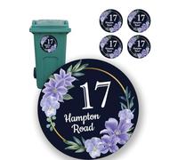 Personalised Bin Number for Wheelie Bin Stickers Set of 4 A6, Custom House Number & Street Name, Waterproof Vinyl Decal, Purple Floral Design