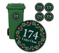 Personalised Bin Number for Wheelie Bin Stickers Set of 4 A6, Custom House Number & Street Name, Waterproof Vinyl Decal, Green Floral Design