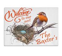 Personalised Bird Chopping Board British Wildlife Custom Glass Worktop Saver Cutting Kitchen Surface Protector - 30 x 40cm Birthday Gift (Robins Nest KC44)