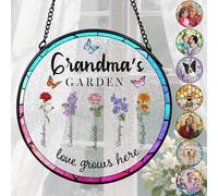 Personalised Birth Flower Garden Glass Suncatcher Custom Stained Glass for Window Hanging Ornament Home Garden Decor Mom Dad Grandma Grandpa Gift