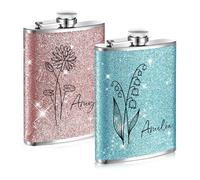 Personalised Birth Flower Hip Flask for Women, Pink Sparkling Stainless Steel Camping Pocket Decorative Bottle, Custom Name Birthday Party Weddin Camping Gift for Mom Girlfriend Wife Daughter
