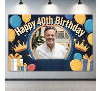 Personalised Birthday Backdrop with Custom Photo, Blue Yellow Rainbow Happy Birthday Banner, Crown Gift Balloon Milestone Birthday Photo Booth Background Decor for Man Woman Any Name and Age (300x180)