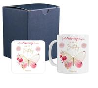Personalised Birthday Butterfly Mug and Coaster Gift Set for Her Women, Dishwasher Safe, Customisable for 40th 50th 60th 70th 80th, Gift Box Available (Cardboard Gift Box)
