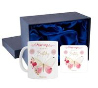 Personalised Birthday Butterfly Mug and Coaster Gift Set for Her Women, Dishwasher Safe, Customisable for 40th 50th 60th 70th 80th, Gift Box Available (Silk Lined Gift Box)