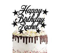 Personalised Birthday Cake Topper 7PCS Custom Any Name Cake Decoration with 6 Stars Double Sided Glitter Card Birthday Party-Multicolour Glitter Cupcake Decoration (Black)