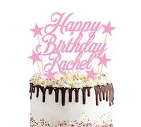 Personalised Birthday Cake Topper 7PCS Custom Any Name Cake Decoration with 6 Stars Double Sided Glitter Card Birthday Party-Multicolour Glitter Cupcake Decoration(Baby Pink)