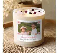 Personalised Birthday Candle for Her - Cherry Blossom Scented with Rose Petals & Rose Quartz - Upload Photo & Message - 8oz Soy Candle in Gift Box - Happy Birthday Gift for Women
