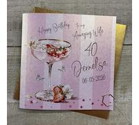 Personalised Birthday Card - Amazing Wife - Strawberry Cocktail Sparkly Drink Design. Hand decorated with glitter & gems. (X) P26-2-W