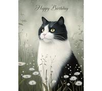 Personalised Birthday Card - Black And White Cat - Large A5 - Your Custom Message Printed On The Inside