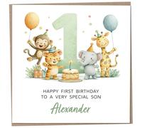 Personalised Birthday Card for 1 Year Old Son - Safari Themed, featuring Cute Illustration of a Monkey, Tiger, Elephant & Giraffe, Luxury First Birthday Card with Child's Name, 148mm