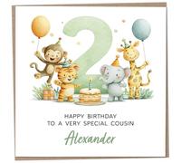 Personalised Birthday Card for 2 Year Old Cousin - Safari Themed, featuring Cute Illustration of a Monkey, Tiger, Elephant & Giraffe, Luxury Second Birthday Card with Child's Name, 148mm
