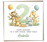 Personalised Birthday Card for 2 Year Old Great Niece - Safari Themed, featuring Cute Illustration of a Monkey, Tiger, Elephant & Giraffe, Luxury Second Birthday Card with Child's Name, 148mm