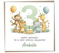 Personalised Birthday Card for 3 Year Old Daughter - Safari Themed, featuring Cute Illustration of a Monkey, Tiger, Elephant & Giraffe, Luxury Third Birthday Card with Child's Name, 148mm
