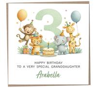 Personalised Birthday Card for 3 Year Old Granddaughter - Safari Themed, featuring Cute Illustration of a Monkey, Tiger, Elephant & Giraffe, Luxury Third Birthday Card with Child's Name, 148mm