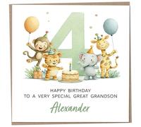 Personalised Birthday Card for 4 Year Old Great Grandson - Safari Themed, featuring Cute Illustration of a Monkey, Tiger, Elephant & Giraffe, Luxury Fourth Birthday Card with Child's Name, 148mm