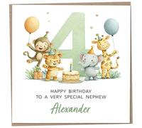 Personalised Birthday Card for 4 Year Old Nephew - Safari Themed, featuring Cute Illustration of a Monkey, Tiger, Elephant & Giraffe, Luxury Fourth Birthday Card with Child's Name, 148mm