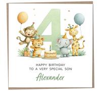 Personalised Birthday Card for 4 Year Old Son - Safari Themed, featuring Cute Illustration of a Monkey, Tiger, Elephant & Giraffe, Luxury Fourth Birthday Card with Child's Name, 148mm