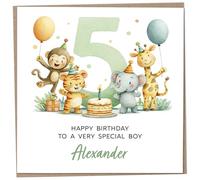 Personalised Birthday Card for 5 Year Old Boy - Safari Themed, featuring Cute Illustration of a Monkey, Tiger, Elephant & Giraffe, Luxury Fifth Birthday Card with Child's Name, 148mm