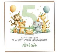 Personalised Birthday Card for 5 Year Old Goddaughter - Safari Themed, featuring Cute Illustration of a Monkey, Tiger, Elephant & Giraffe, Luxury Fifth Birthday Card with Child's Name, 148mm