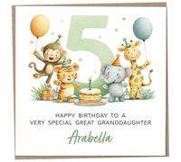 Personalised Birthday Card for 5 Year Old Great Granddaughter - Safari Themed, featuring Cute Illustration of a Monkey, Tiger, Elephant & Giraffe, Luxury Fifth Birthday Card with Child's Name, 148mm