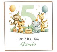 Personalised Birthday Card for 5 Year Old - Safari Themed, featuring Cute Illustration of a Monkey, Tiger, Elephant & Giraffe, Luxury Fifth Birthday Card with Child's Name, 148mm