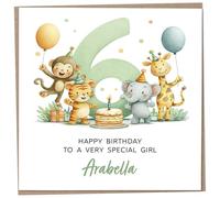 Personalised Birthday Card for 6 Year Old Girl - Safari Themed, featuring Cute Illustration of a Monkey, Tiger, Elephant & Giraffe, Luxury Sixth Birthday Card with Child's Name, 148mm