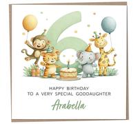 Personalised Birthday Card for 6 Year Old Goddaughter - Safari Themed, featuring Cute Illustration of a Monkey, Tiger, Elephant & Giraffe, Luxury Sixth Birthday Card with Child's Name, 148mm