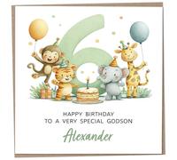 Personalised Birthday Card for 6 Year Old Godson - Safari Themed, featuring Cute Illustration of a Monkey, Tiger, Elephant & Giraffe, Luxury Sixth Birthday Card with Child's Name, 148mm