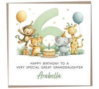 Personalised Birthday Card for 6 Year Old Great Granddaughter - Safari Themed, featuring Cute Illustration of a Monkey, Tiger, Elephant & Giraffe, Luxury Sixth Birthday Card with Child's Name, 148mm