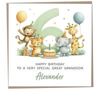 Personalised Birthday Card for 6 Year Old Great Grandson - Safari Themed, featuring Cute Illustration of a Monkey, Tiger, Elephant & Giraffe, Luxury Sixth Birthday Card with Child's Name, 148mm