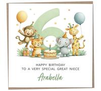 Personalised Birthday Card for 6 Year Old Great Niece - Safari Themed, featuring Cute Illustration of a Monkey, Tiger, Elephant & Giraffe, Luxury Sixth Birthday Card with Child's Name, 148mm