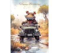 Personalised Birthday Card - Hippo On Safari - Large A5 - Your Custom Message Printed On The Inside
