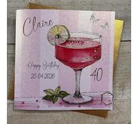 Personalised Birthday Card - Pink Cocktail Sparkly Drink Design. Hand decorated with glitter & gems. (X) P26-3