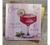 Personalised Birthday Card - Special Friend - Pink Cocktail Sparkly Drink Design. Hand decorated with glitter & gems. (X) P26-3-SF