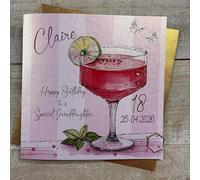 Personalised Birthday Card - Special Granddaughter - Pink Cocktail Sparkly Drink Design. Hand decorated with glitter & gems. (X) P26-3-GD