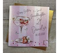 Personalised Birthday Card - Special Granddaughter - Strawberry Cocktail Sparkly Drink Design. Hand decorated with glitter & gems. (X) P26-2-GD