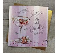Personalised Birthday Card - Special Sister - Strawberry Cocktail Sparkly Drink Design. Hand decorated with glitter & gems. (X) P26-2-S
