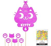 Personalised Birthday Cat Kitten Glitter Cake Topper- Pink Any Name & Age Glitter Cake Decoration and Sprinkles - Happy Birthday Decorations - Personalised Toppers for Cakes by Cakeshop