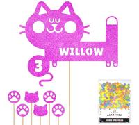 Personalised Birthday Cat Kitten Glitter Cake Topper- Pink Any Name & Age Glitter Cake Decoration and Sprinkles - Happy Birthday Decorations - Personalised Toppers for Cakes by Cakeshop