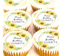 Personalised Birthday Cupcake Toppers - Your Message - Sunflowers - Edible Icing or Wafer - 4cm x 24 - Birthday Wedding Party Sunflower Decorations (Edible Wafer)