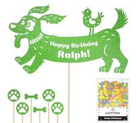 Personalised Birthday Dog Puppy Glitter Cake Topper- Green Any Name & Age Glitter Cake Decoration and Sprinkles - Happy Birthday Decorations - Personalised Toppers for Cakes by Cakeshop